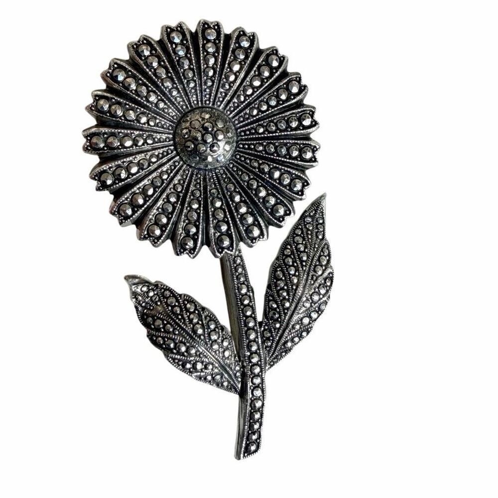 Vintage Germany Marcasite Style Flower Brooch Silver Tone Floral Statement Pin